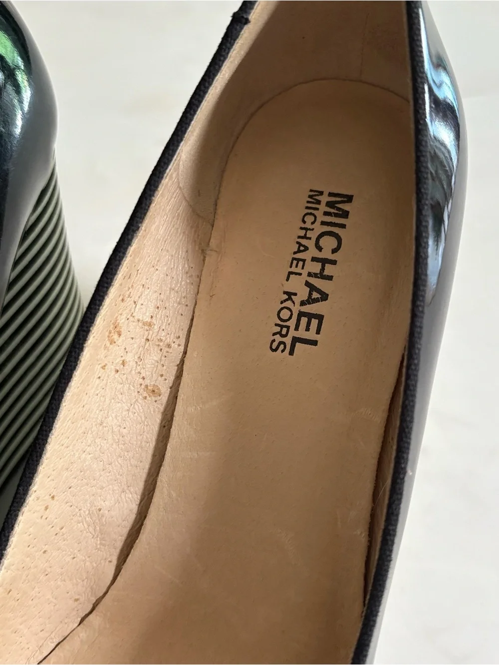 Michael Kors Black Patent Peep-Toe Wedge Sandals with Striped Platform